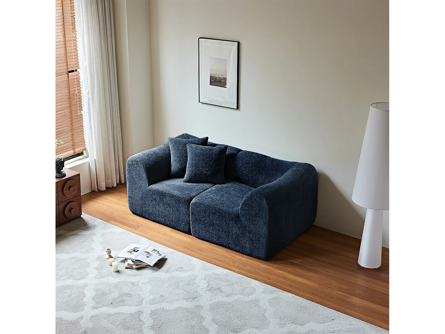 2-zitsbank van blauw fluweel met kussens - Voor woonkamer, kantoor of appartement