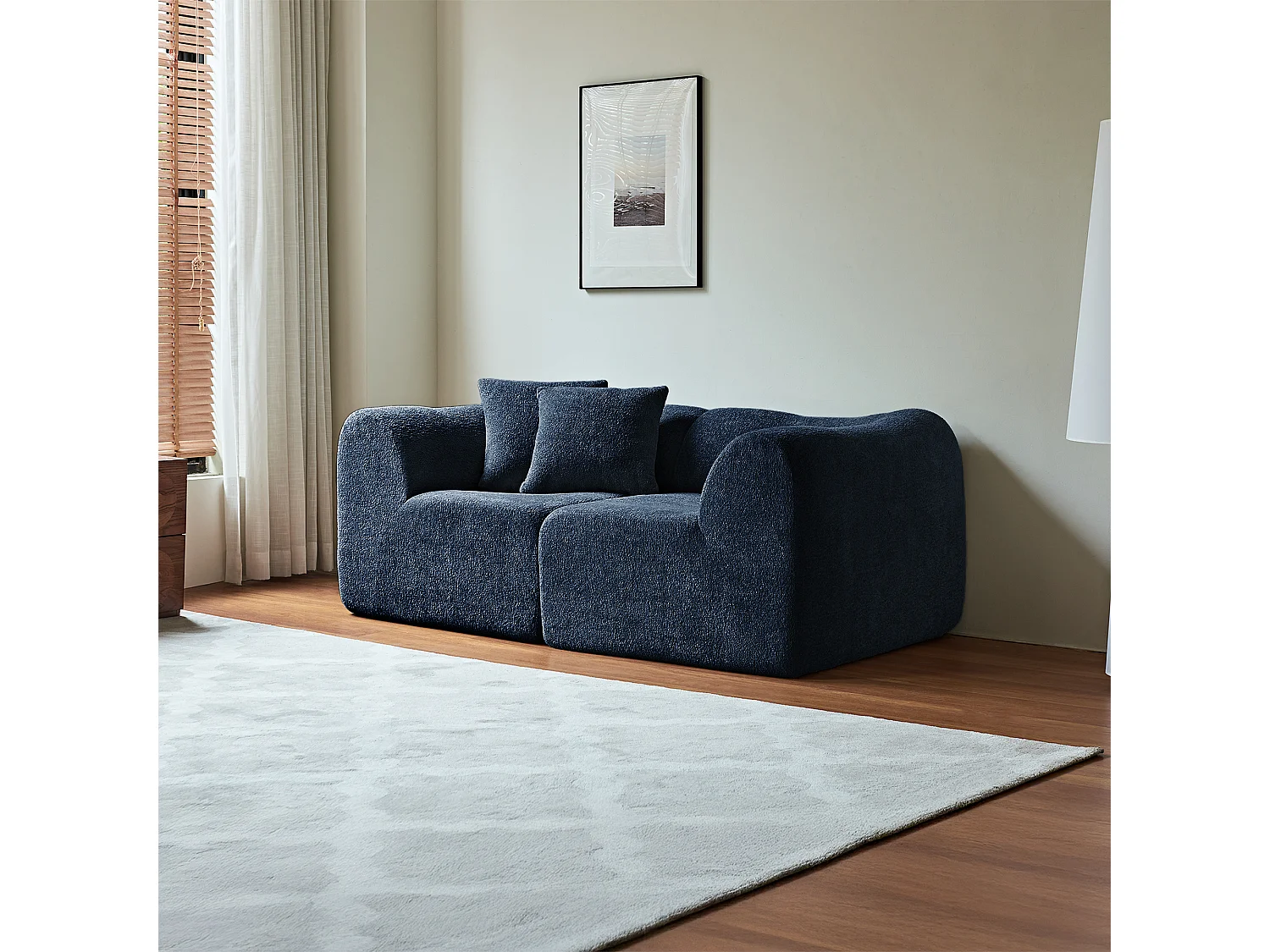 2-zitsbank van blauw fluweel met kussens - Voor woonkamer, kantoor of appartement