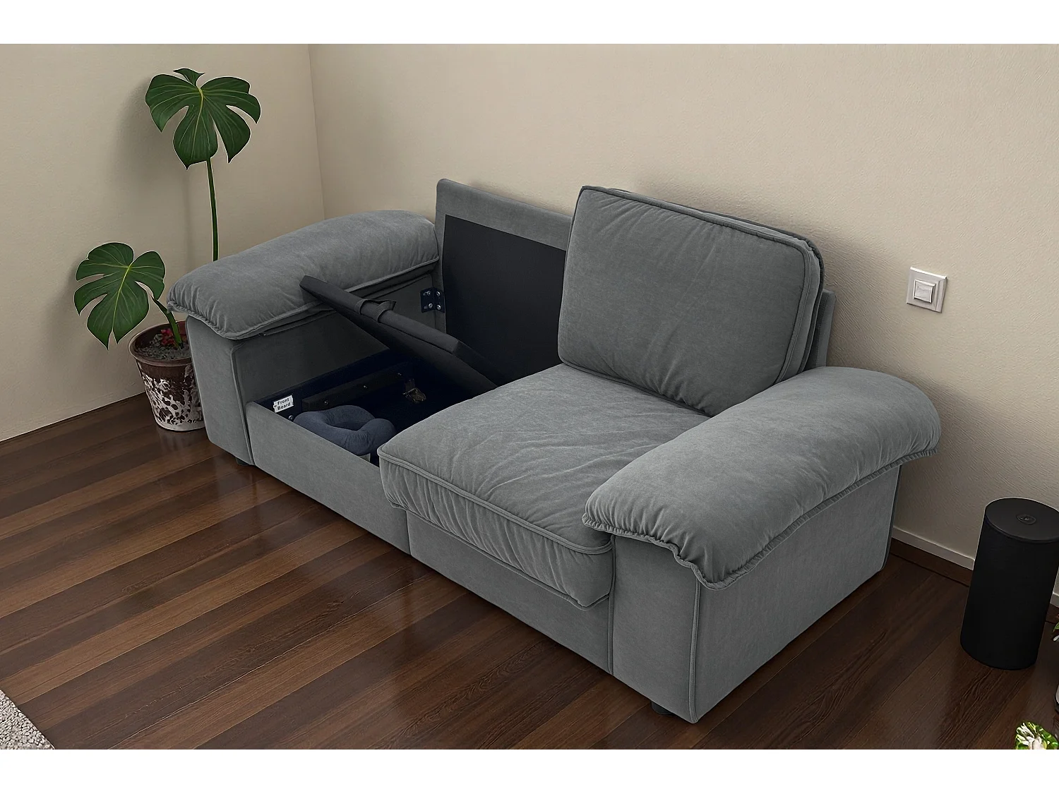 Canapé 2 places en tissu gris avec coffre de rangement - Structure en bois