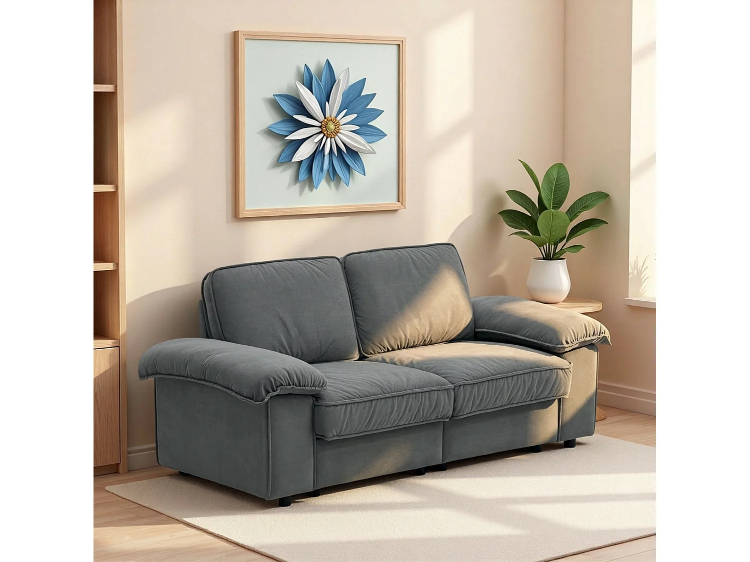 Canapé 2 places en tissu gris avec coffre de rangement - Structure en bois