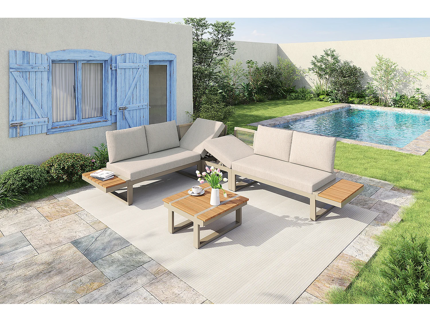 Set da giardino modulare con 2 lettini prendisole e tavolino - Acciaio e poliestere beige