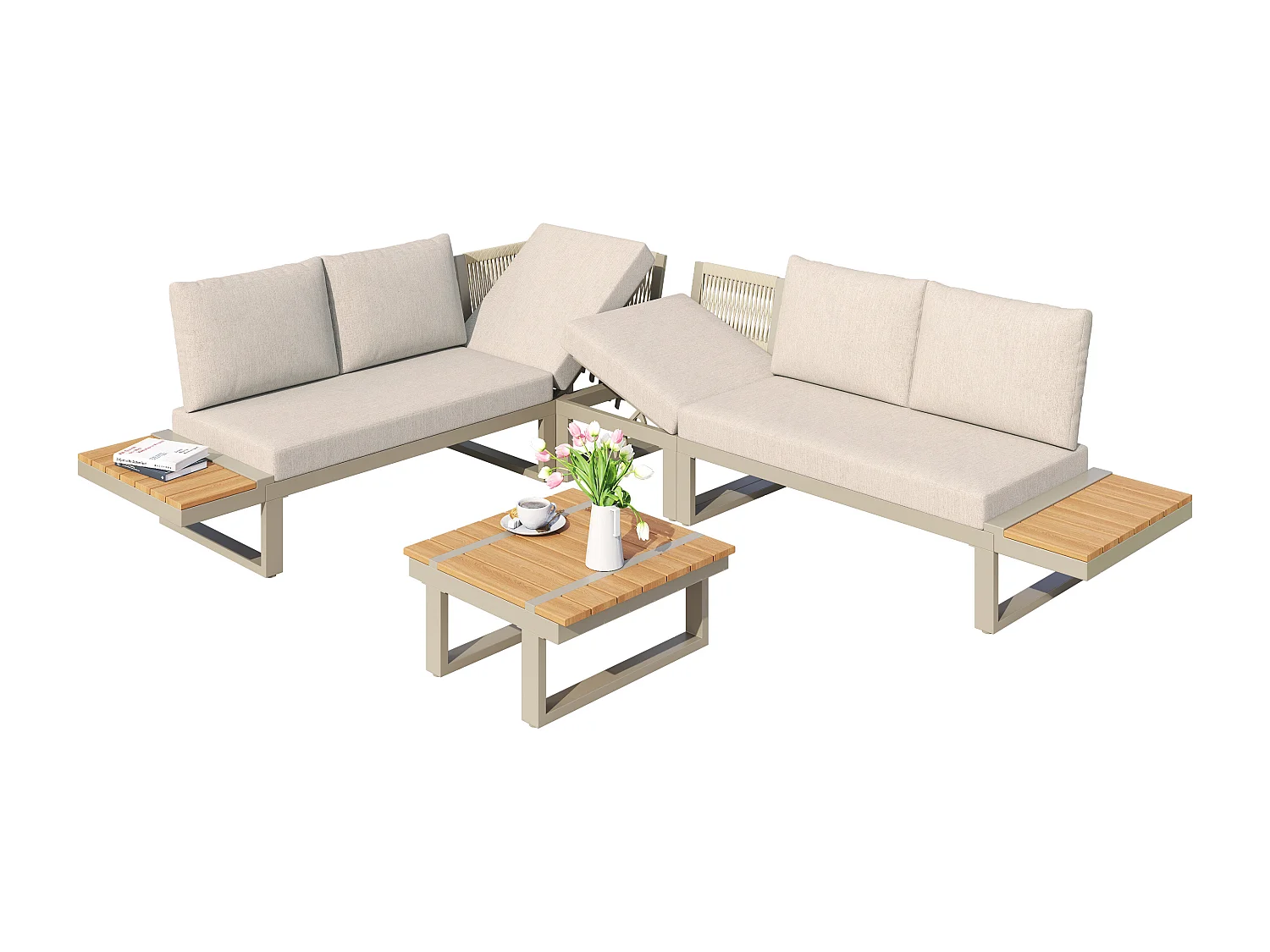 Set da giardino modulare con 2 lettini prendisole e tavolino - Acciaio e poliestere beige