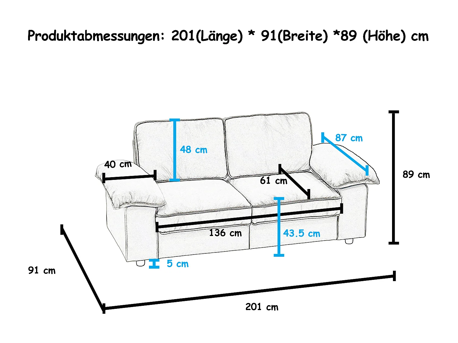Canapé 2 places en tissu noir avec coffre de rangement - Structure en bois