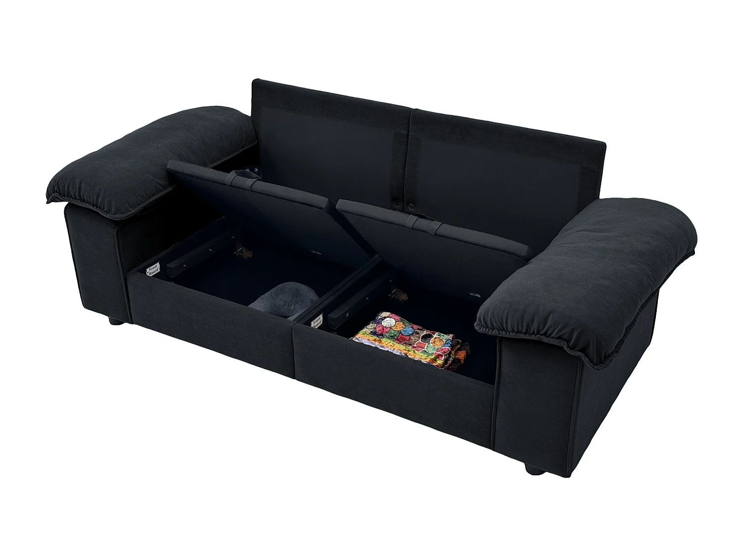 Canapé 2 places en tissu noir avec coffre de rangement - Structure en bois