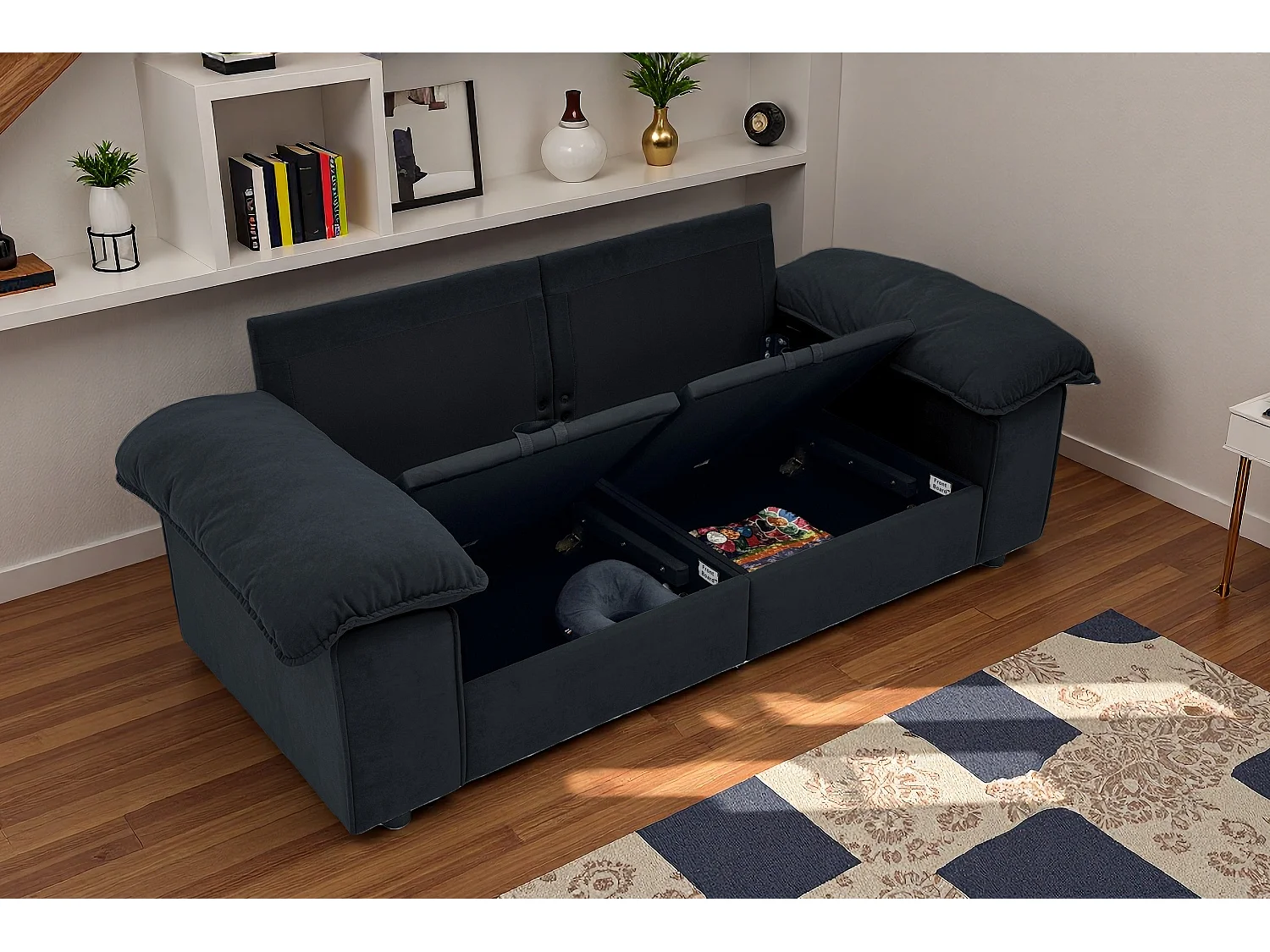 Canapé 2 places en tissu noir avec coffre de rangement - Structure en bois