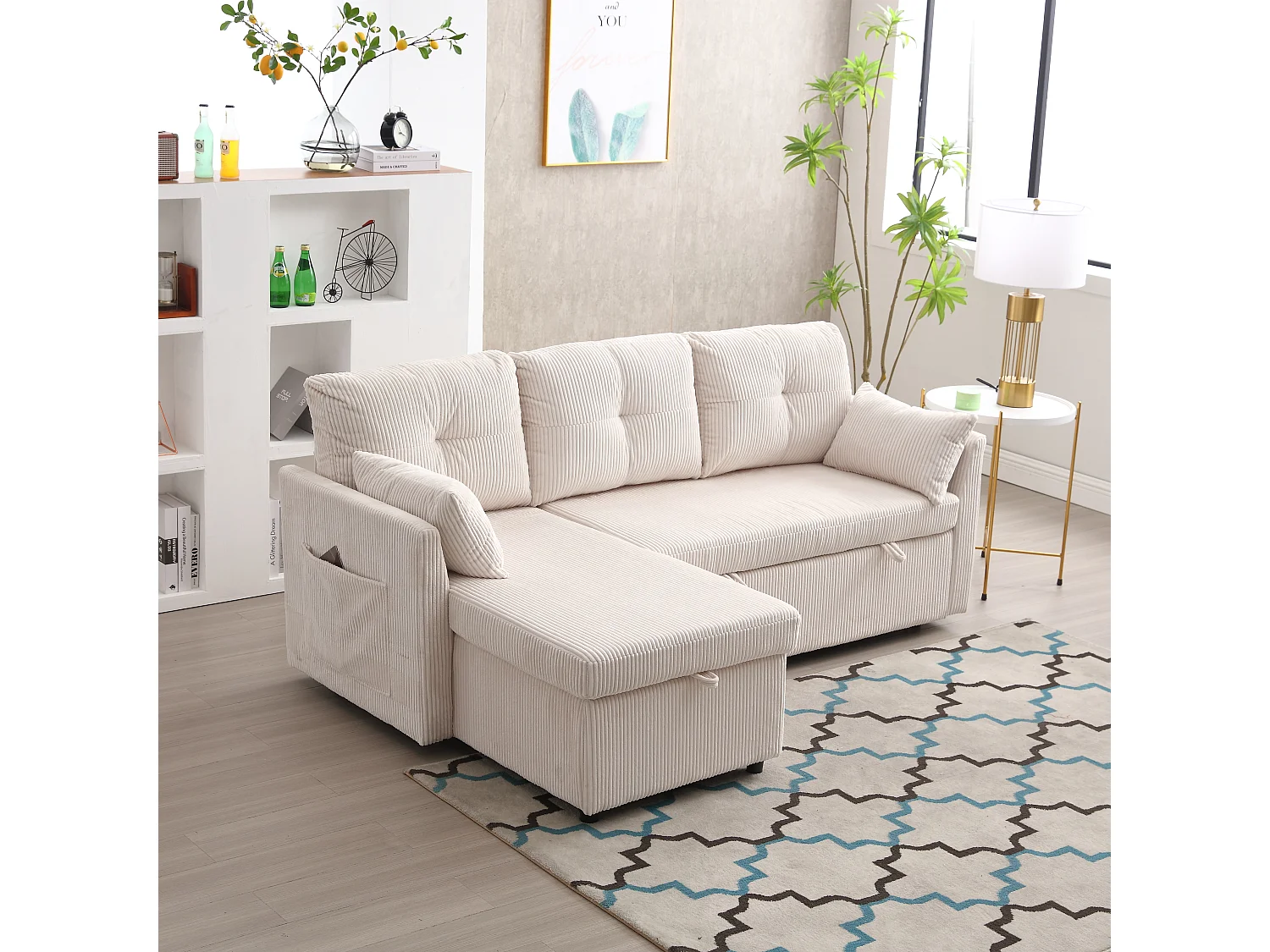 Canapé d'angle convertible 3 places avec rangements - Velours côtelé beige