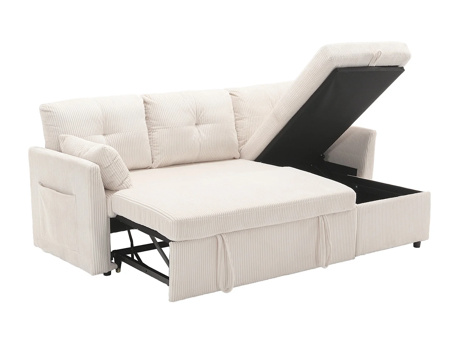 Canapé d'angle convertible 3 places avec rangements - Velours côtelé beige