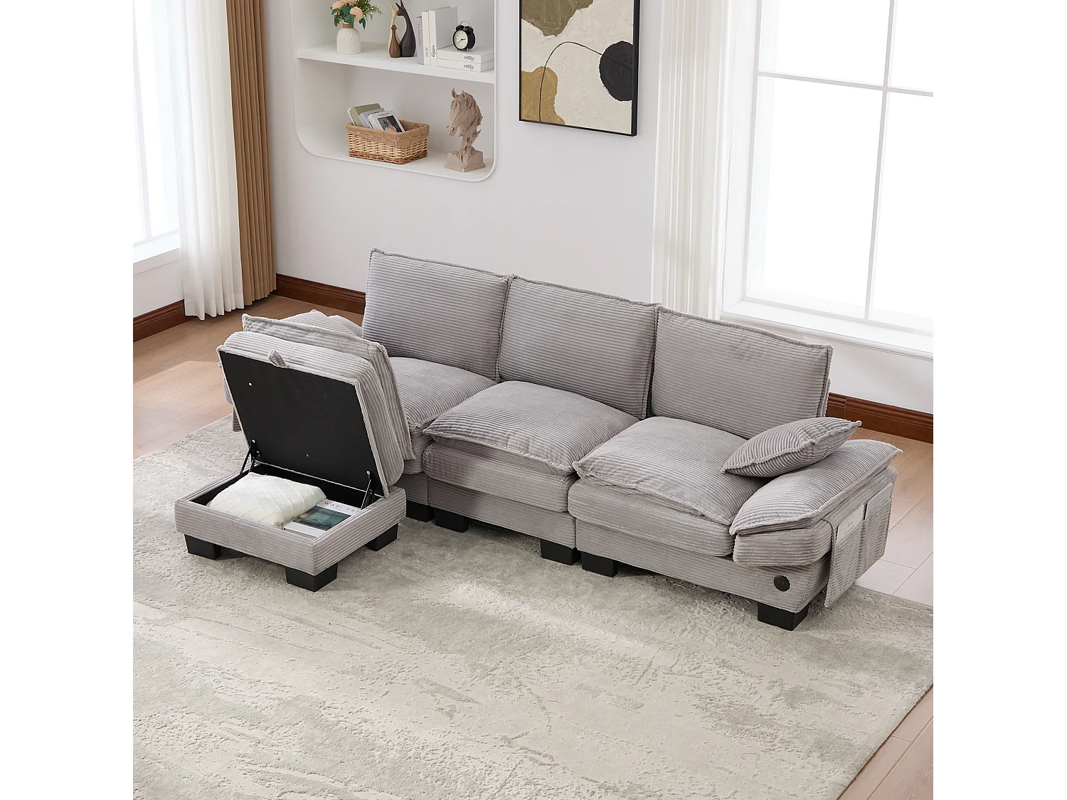 Canapé d'angle 3 places modulable avec pouf, USB-C et poches latérales - Velours côtelé gris clair