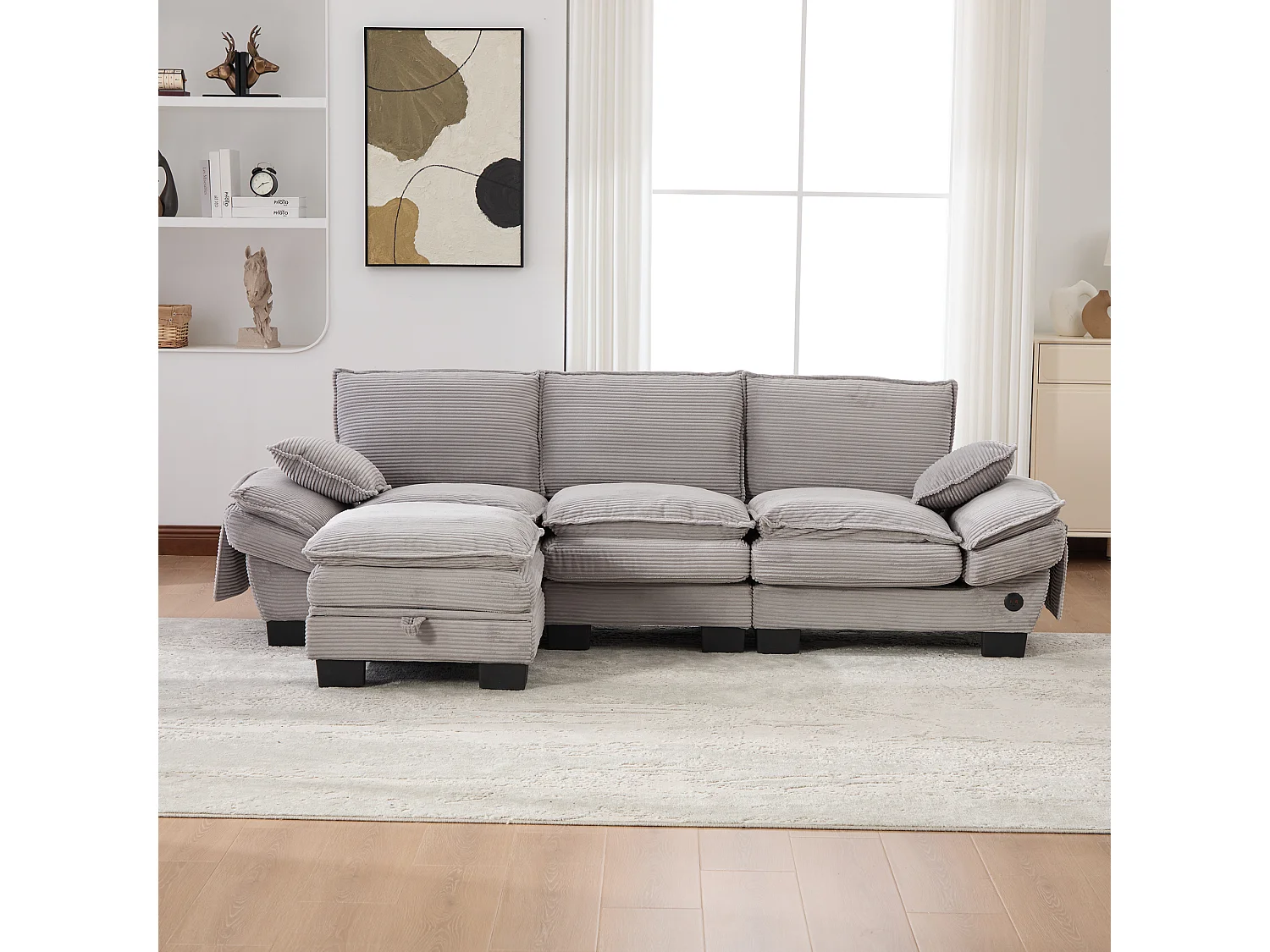 Canapé d'angle 3 places modulable avec pouf, USB-C et poches latérales - Velours côtelé gris clair