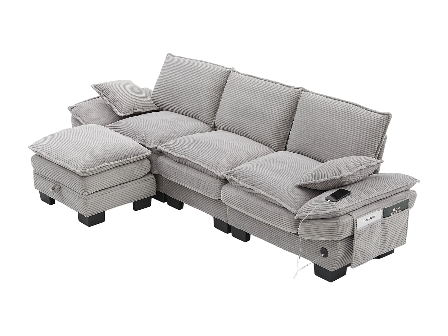 Canapé d'angle 3 places modulable avec pouf, USB-C et poches latérales - Velours côtelé gris clair