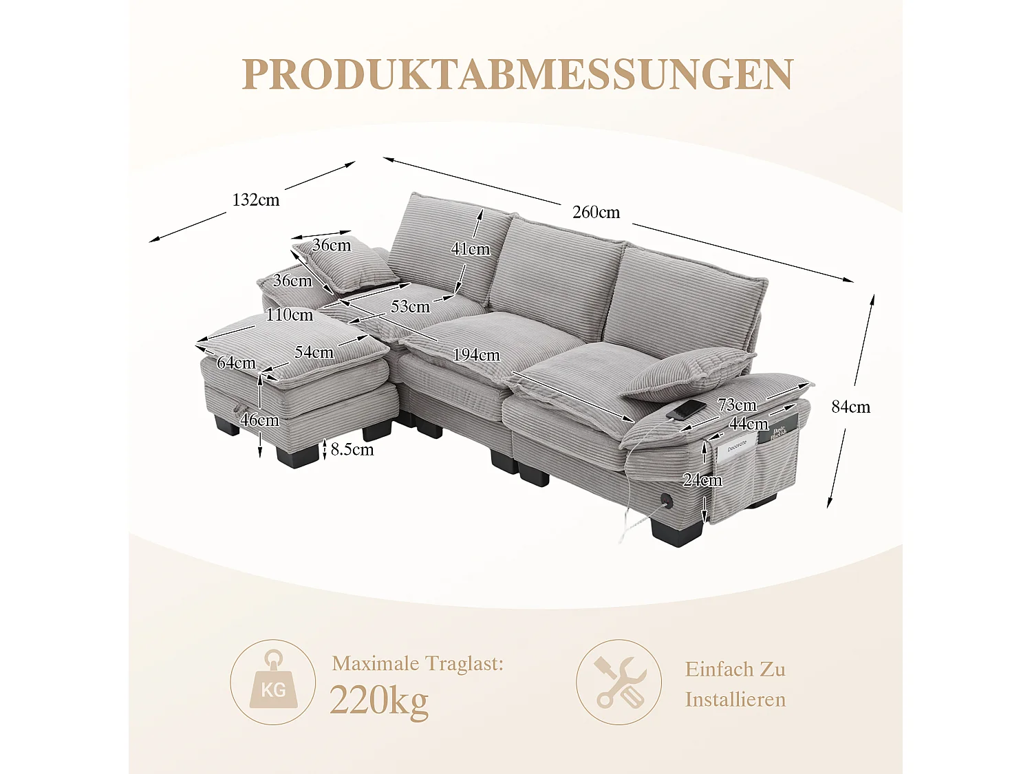 Canapé d'angle 3 places modulable avec pouf, USB-C et poches latérales - Velours côtelé gris clair