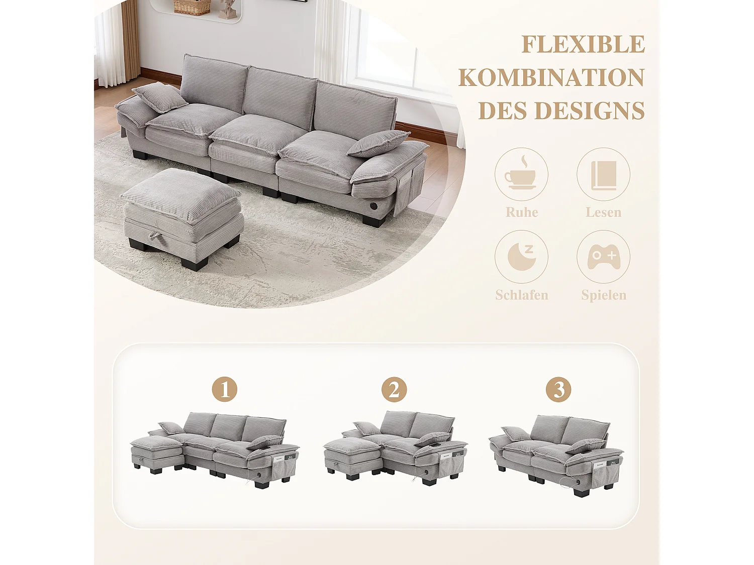 Canapé d'angle 3 places modulable avec pouf, USB-C et poches latérales - Velours côtelé gris clair