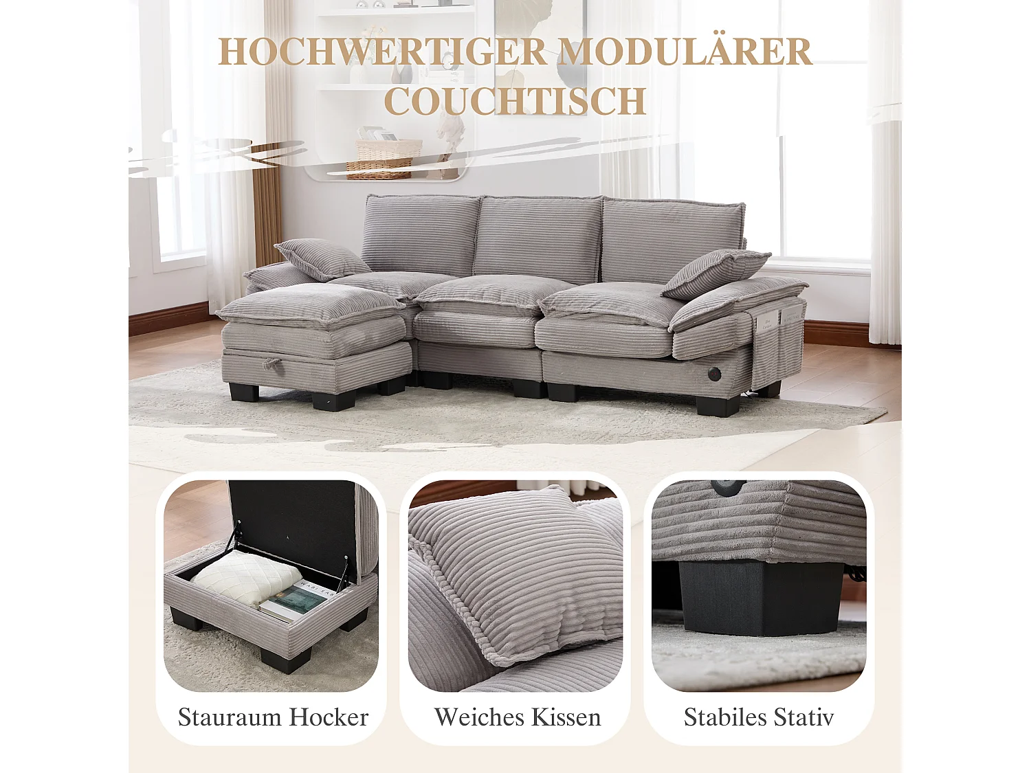 Canapé d'angle 3 places modulable avec pouf, USB-C et poches latérales - Velours côtelé gris clair