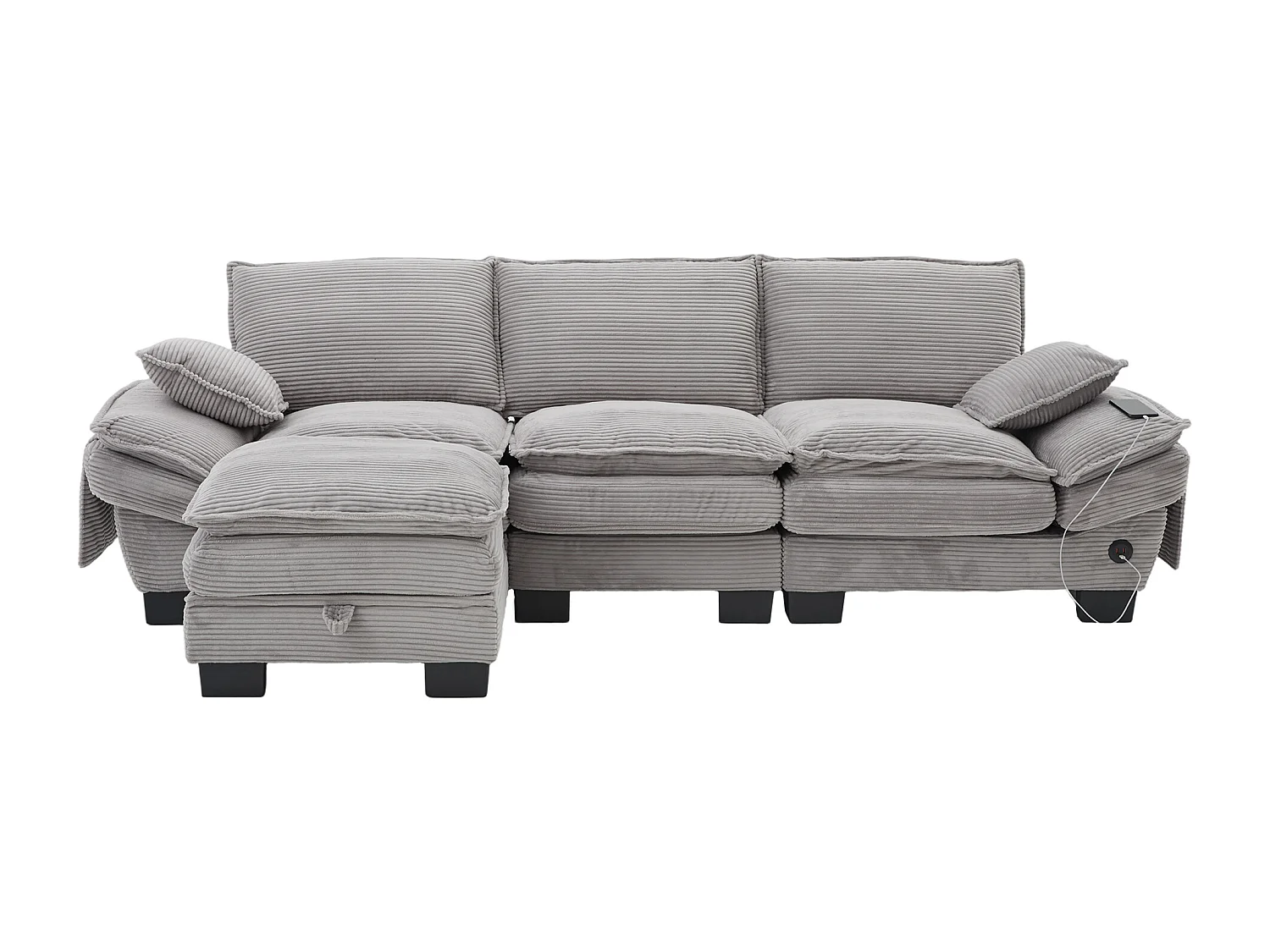 Canapé d'angle 3 places modulable avec pouf, USB-C et poches latérales - Velours côtelé gris clair