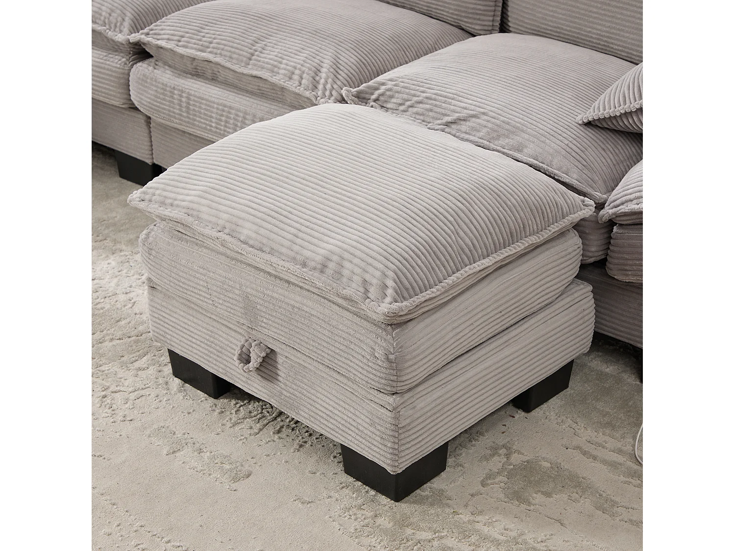 Canapé d'angle 3 places modulable avec pouf, USB-C et poches latérales - Velours côtelé gris clair