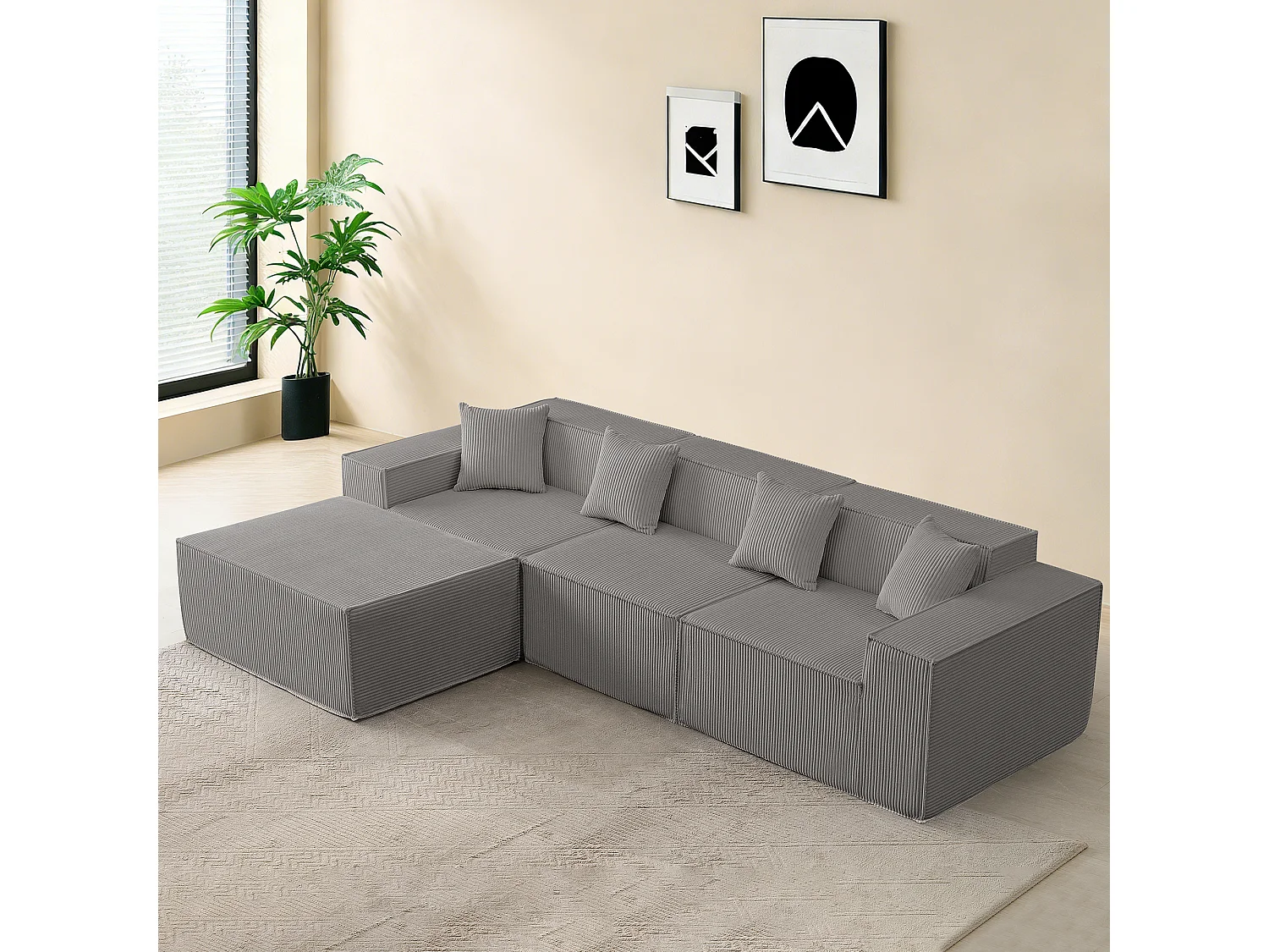 Canapé d’angle 3 places en tissu velours côtelé gris avec pouf - Sans montage