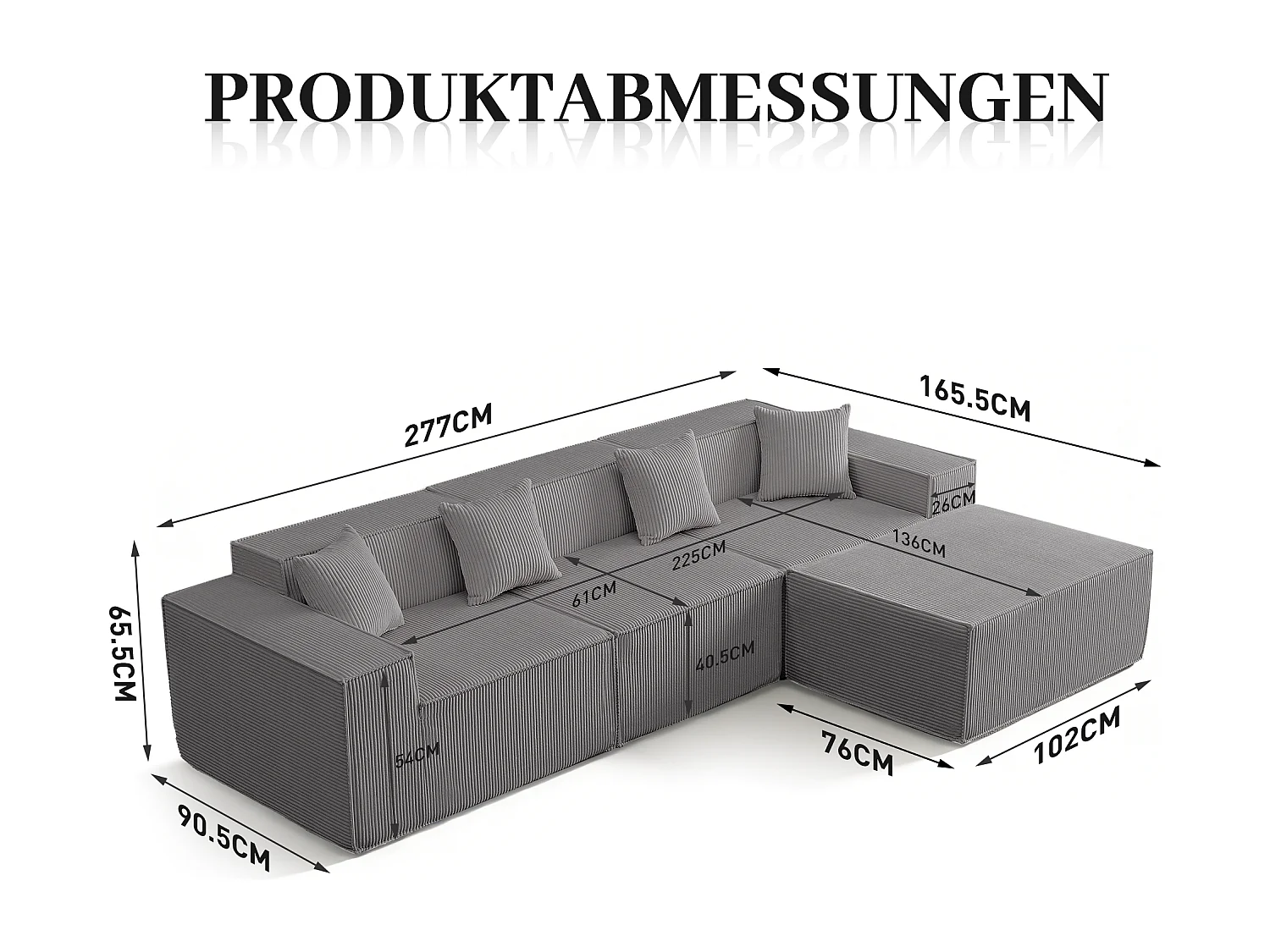 Canapé d’angle 3 places en tissu velours côtelé gris avec pouf - Sans montage