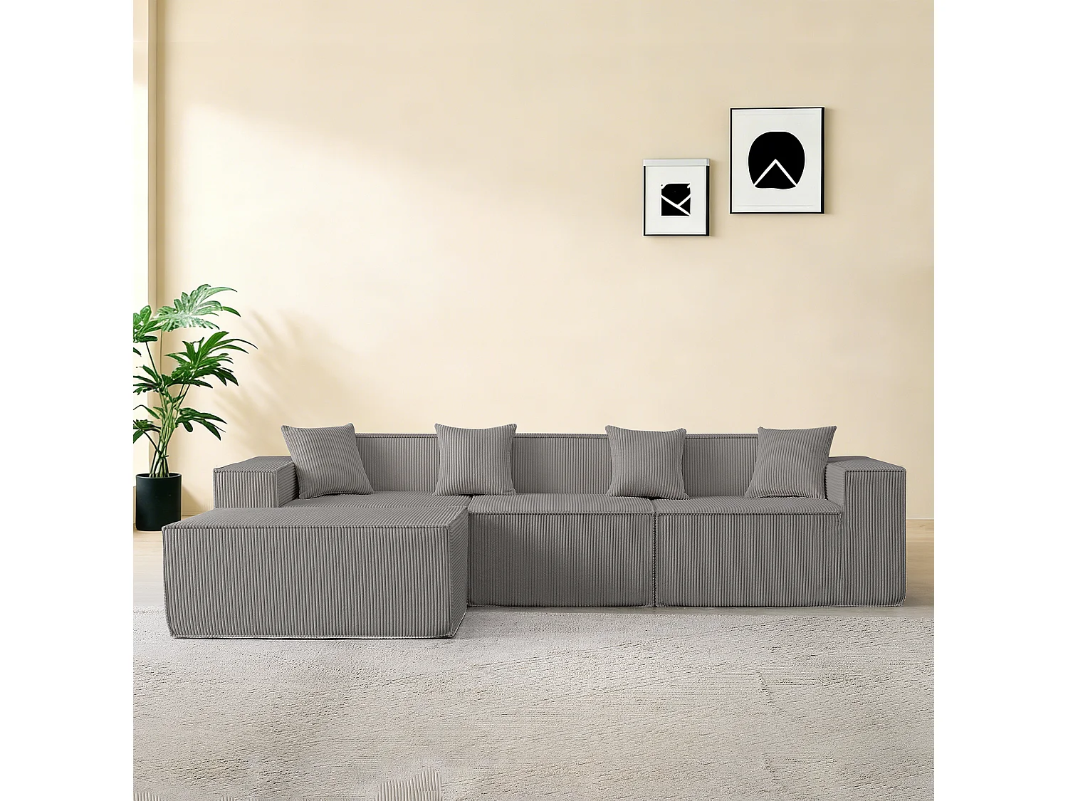 Canapé d’angle 3 places en tissu velours côtelé gris avec pouf - Sans montage