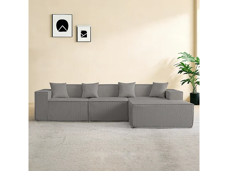 Canapé d’angle 3 places en tissu velours côtelé gris avec pouf - Sans montage