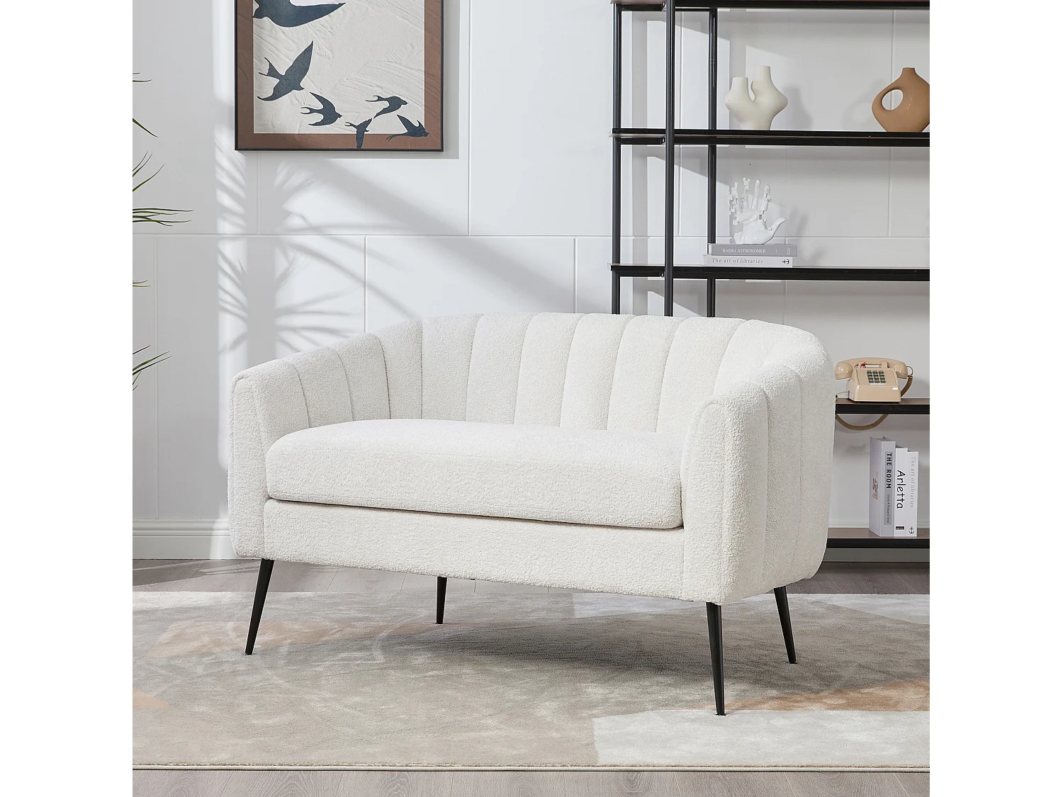 Canapé 2 places petite en tissu chenille ivoire - Pieds métal