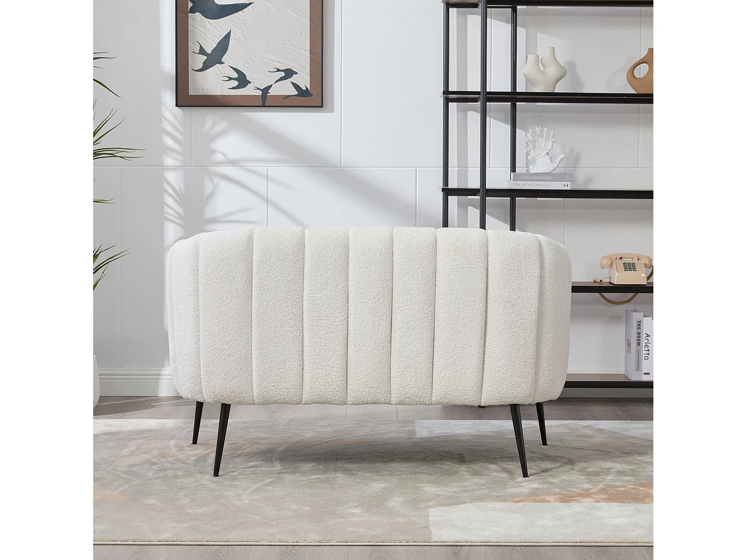 Canapé 2 places petite en tissu chenille ivoire - Pieds métal