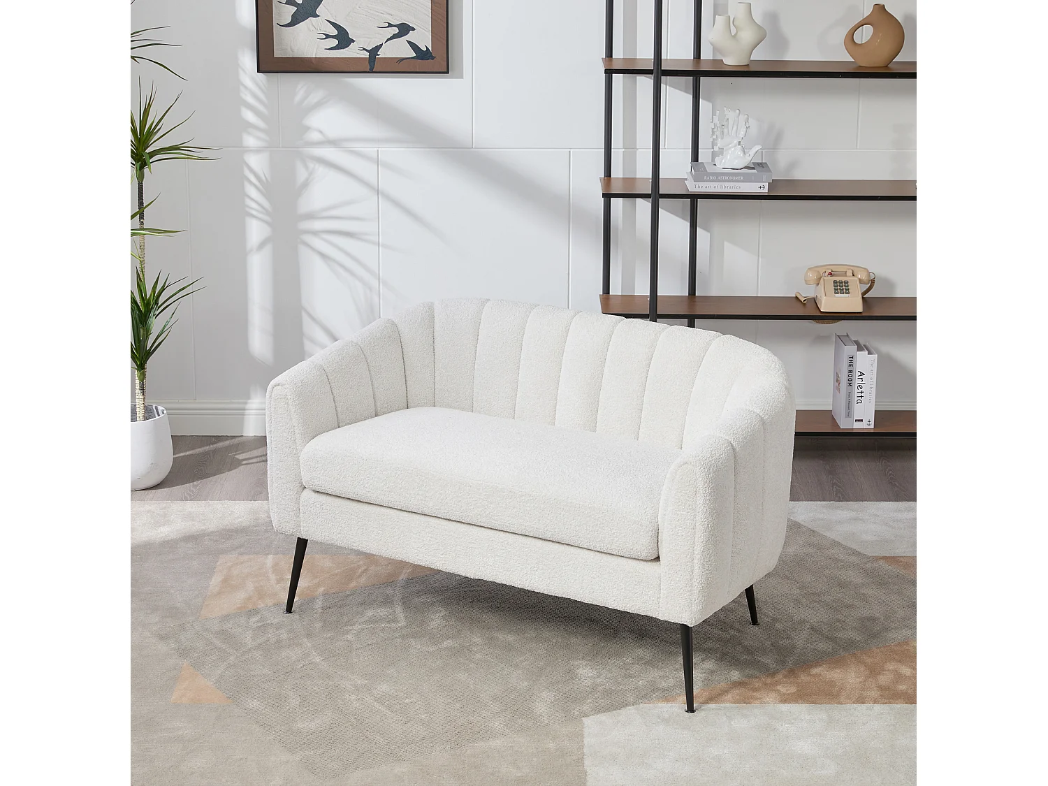 Canapé 2 places petite en tissu chenille ivoire - Pieds métal