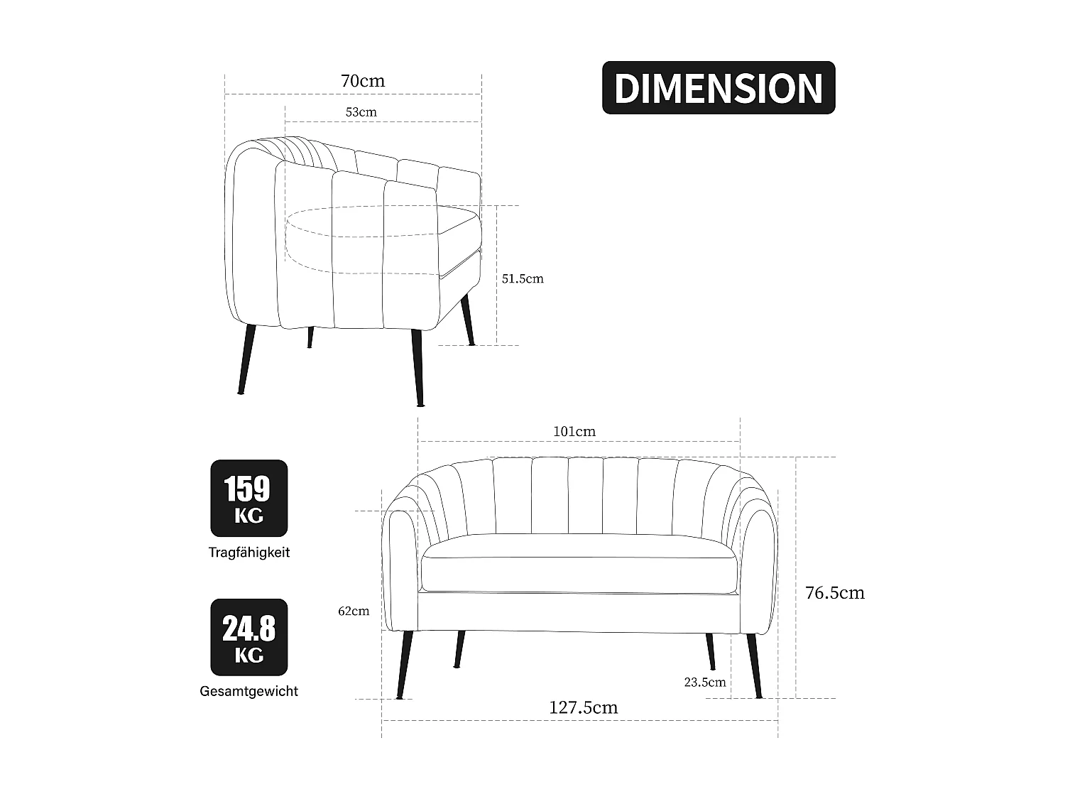 Canapé 2 places petite en tissu chenille ivoire - Pieds métal