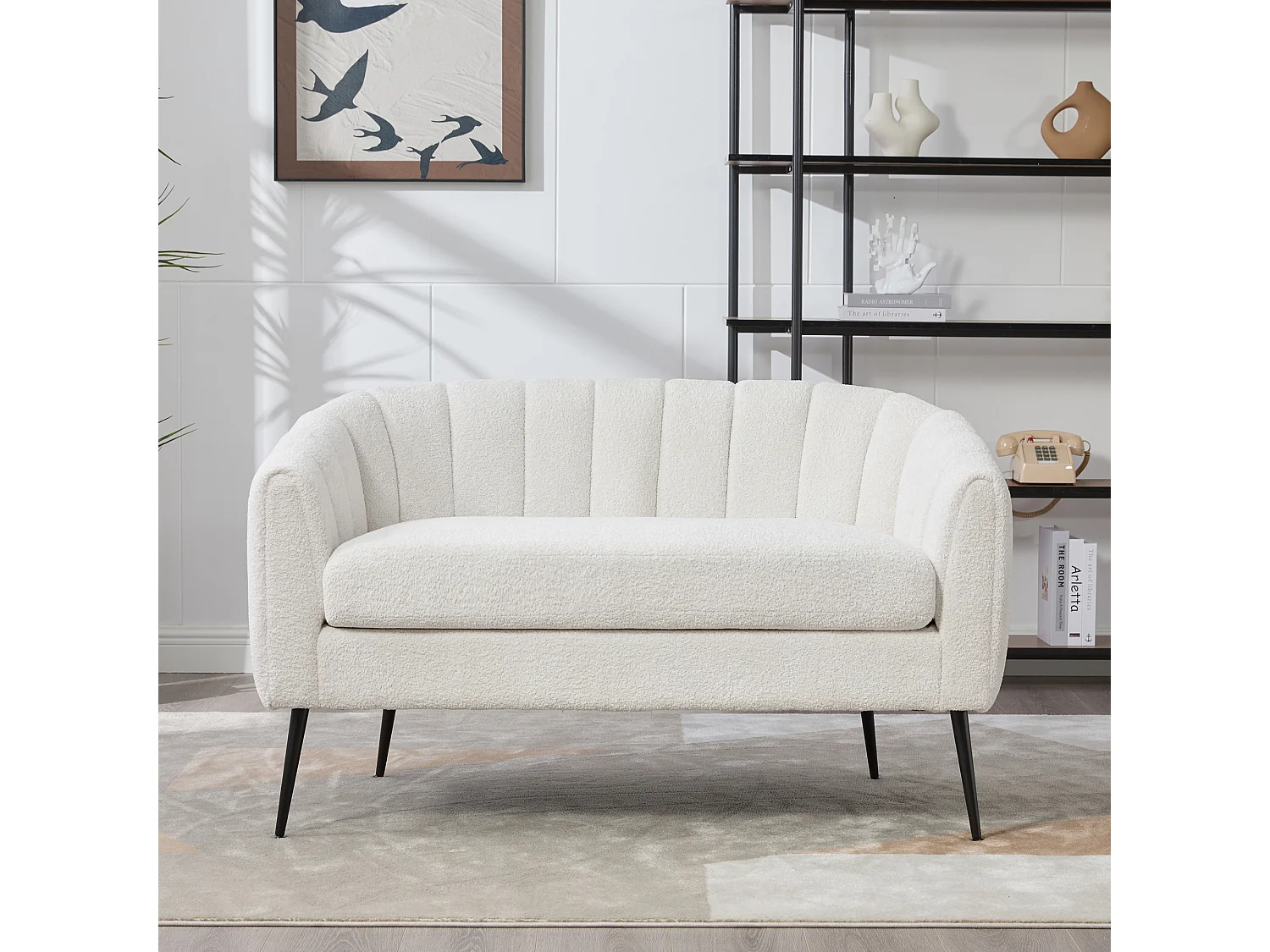 Canapé 2 places petite en tissu chenille ivoire - Pieds métal