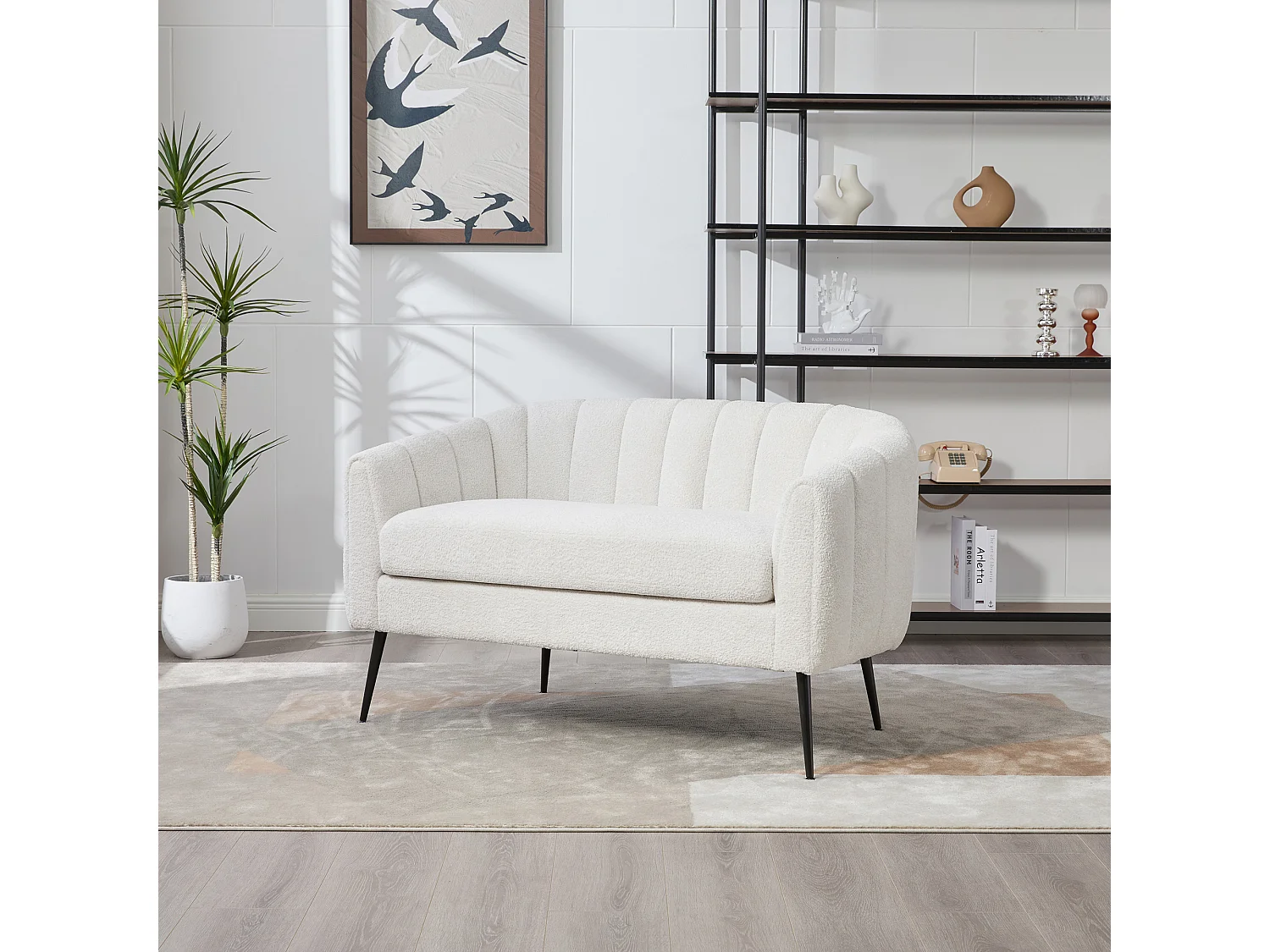 Canapé 2 places petite en tissu chenille ivoire - Pieds métal