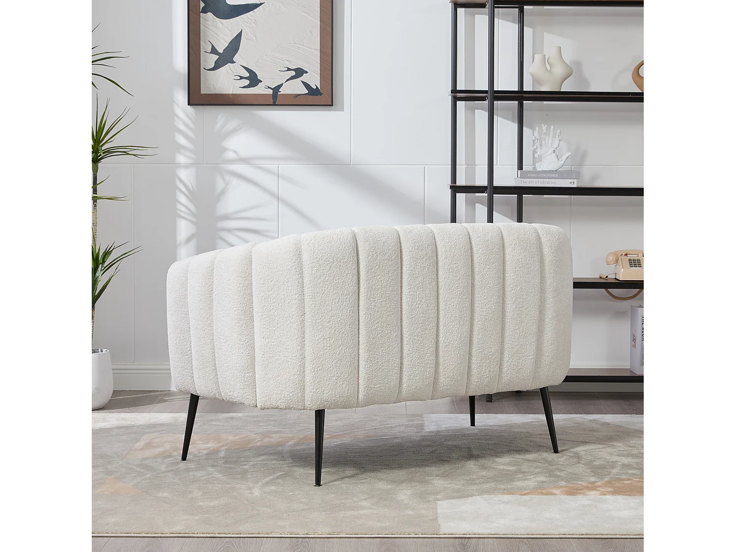 Canapé 2 places petite en tissu chenille ivoire - Pieds métal