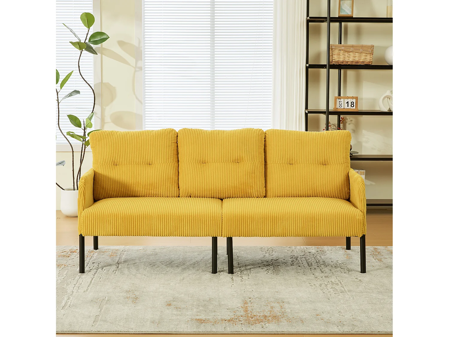 Canapé 3 places en velours côtelé jaune - Pieds en métal
