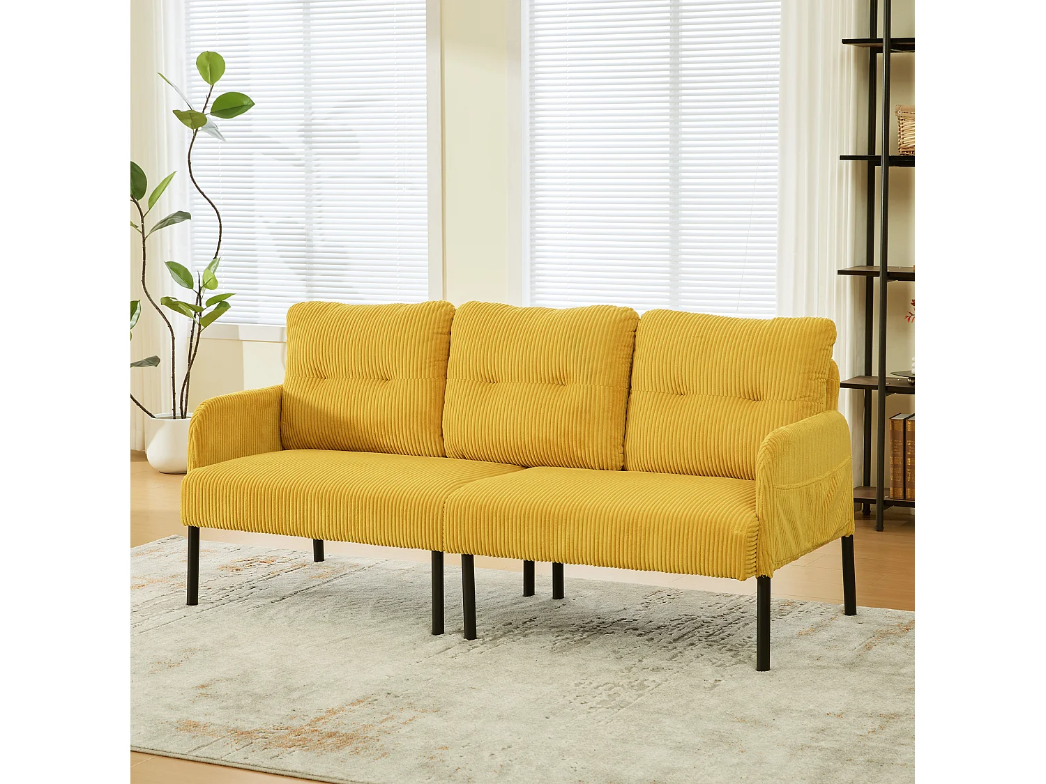 Canapé 3 places en velours côtelé jaune - Pieds en métal