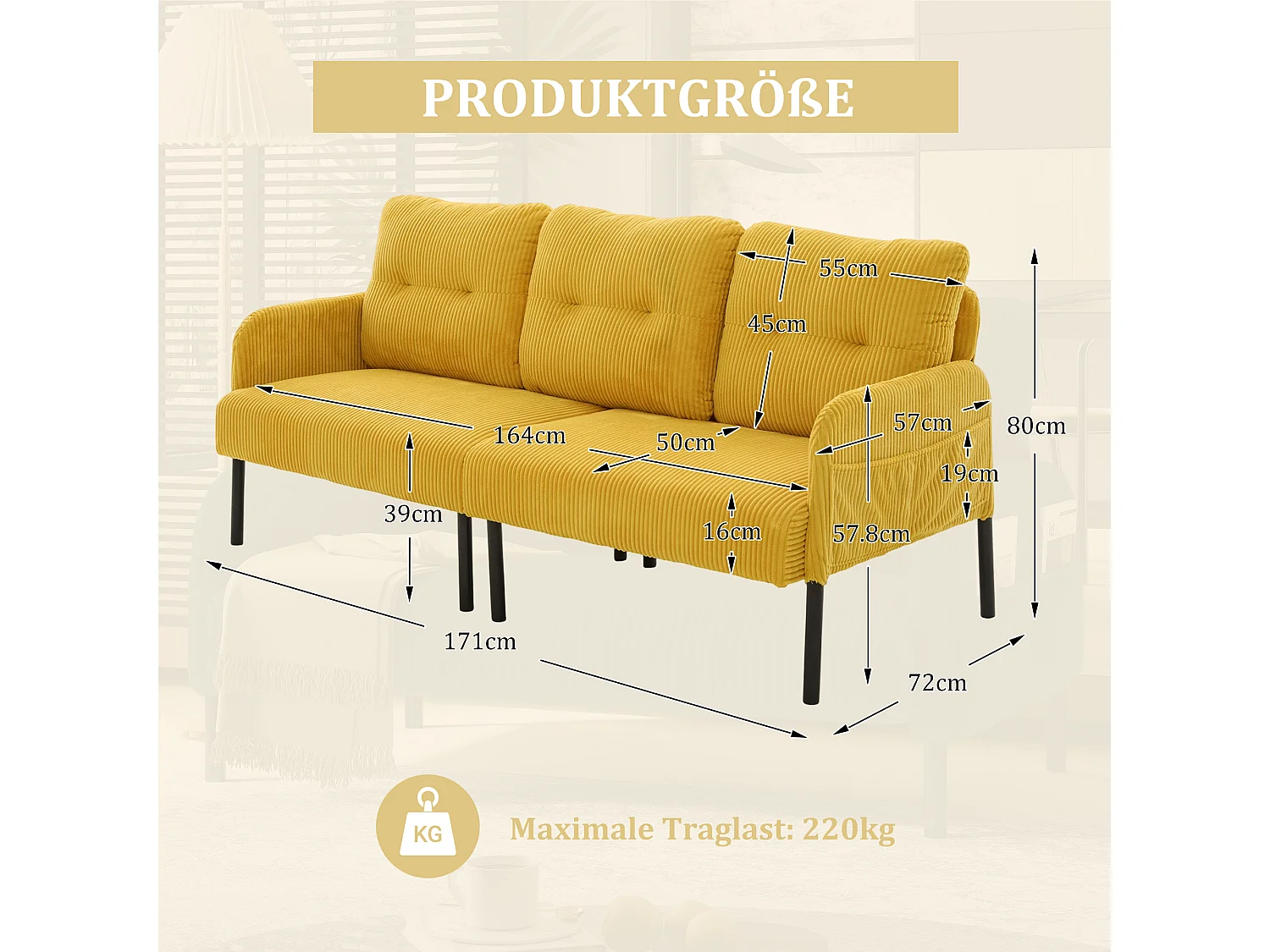 Canapé 3 places en velours côtelé jaune - Pieds en métal