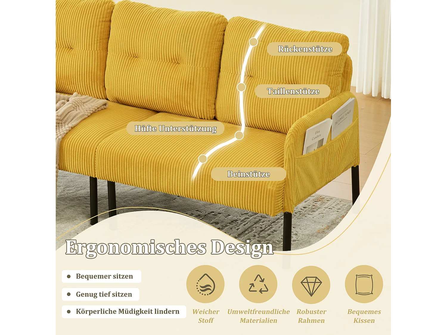 Canapé 3 places en velours côtelé jaune - Pieds en métal