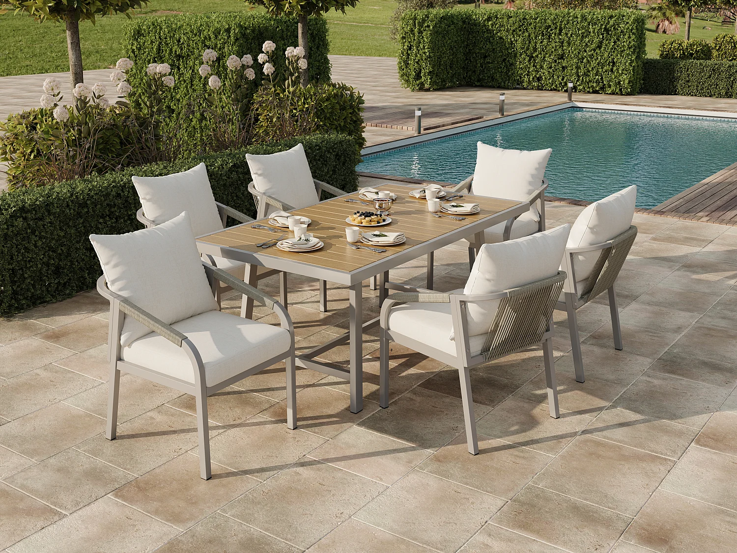 Tuinset: 1 tafel + 6 stalen stoelen - Khaki WPC tafelblad