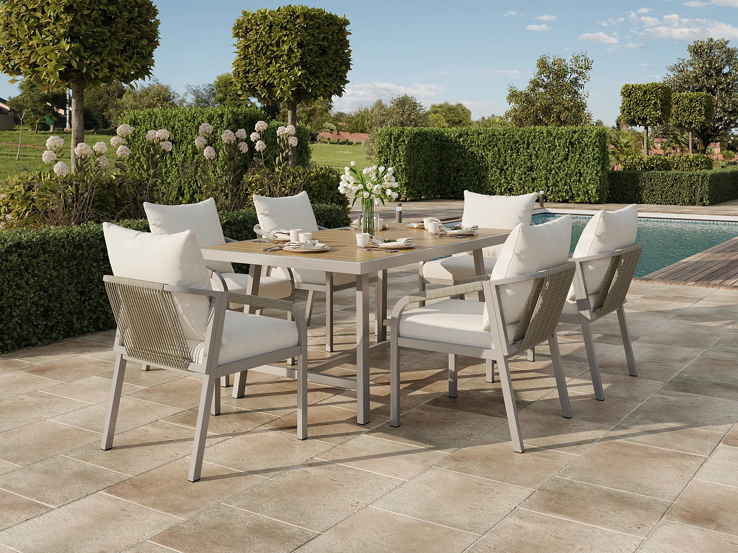 Tuinset: 1 tafel + 6 stalen stoelen - Khaki WPC tafelblad