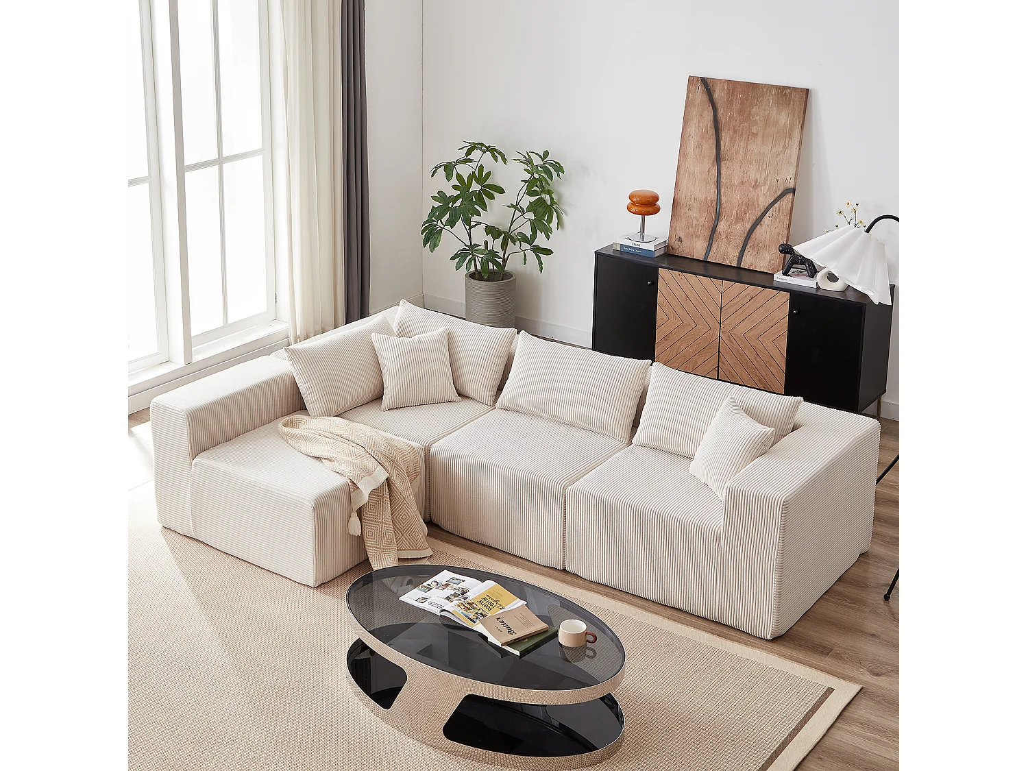 Canapé d'angle modulable 4 places en velours côtelé beige - 4 pièces