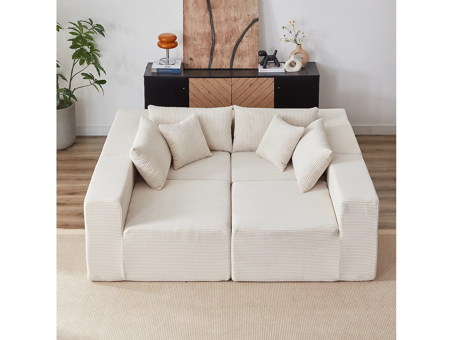 Canapé d'angle modulable 4 places en velours côtelé beige - 4 pièces