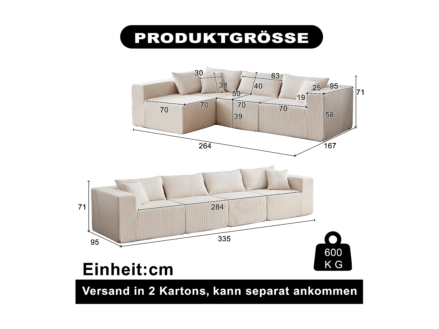 Canapé d'angle modulable 4 places en velours côtelé beige - 4 pièces