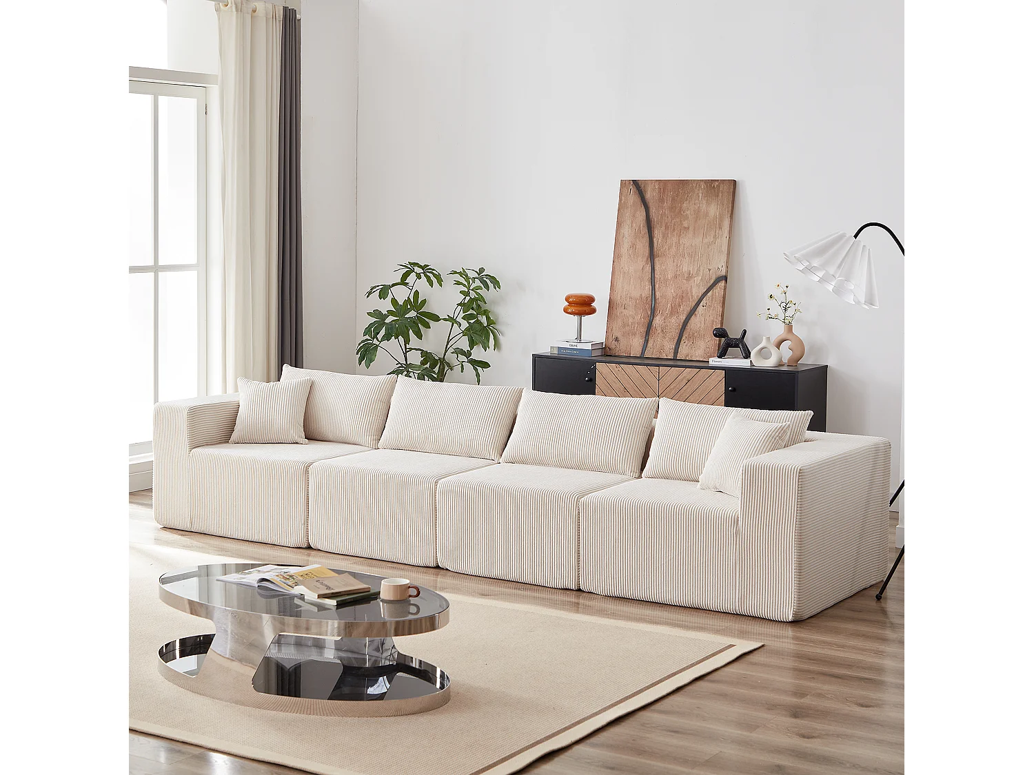 Canapé d'angle modulable 4 places en velours côtelé beige - 4 pièces