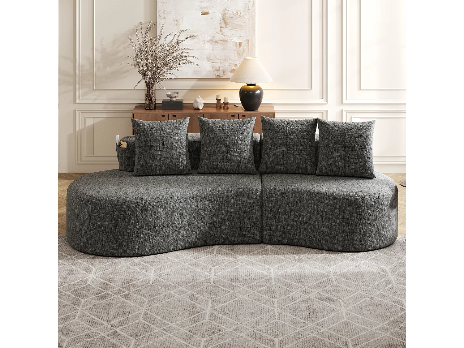 Canapé 3 places en lin avec 4 coussins, porte-gobelet et poche latérale - Gris foncé