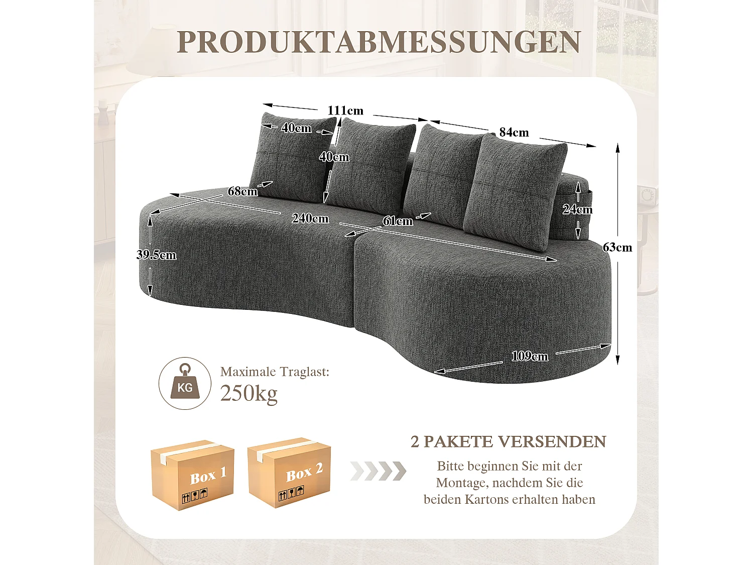 Canapé 3 places en lin avec 4 coussins, porte-gobelet et poche latérale - Gris foncé