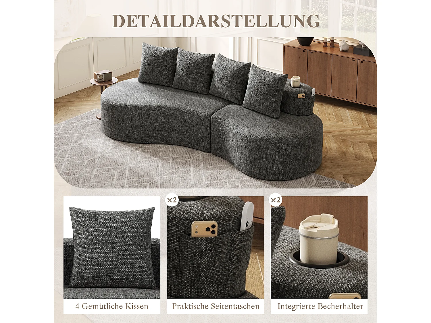 Canapé 3 places en lin avec 4 coussins, porte-gobelet et poche latérale - Gris foncé