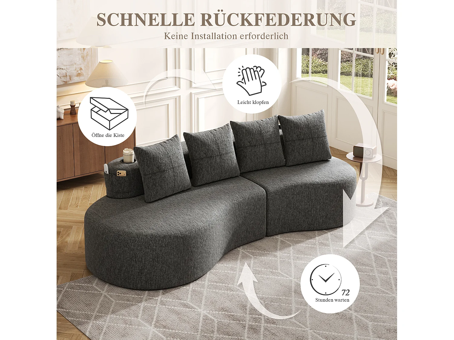 Canapé 3 places en lin avec 4 coussins, porte-gobelet et poche latérale - Gris foncé