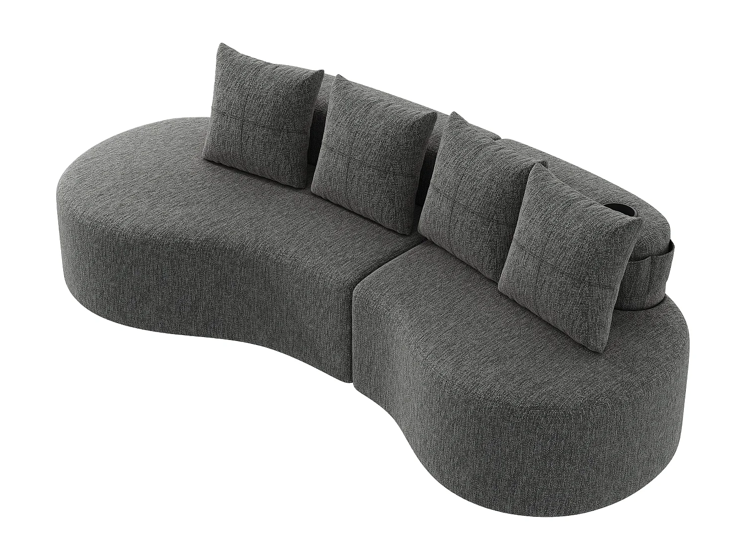 Canapé 3 places en lin avec 4 coussins, porte-gobelet et poche latérale - Gris foncé