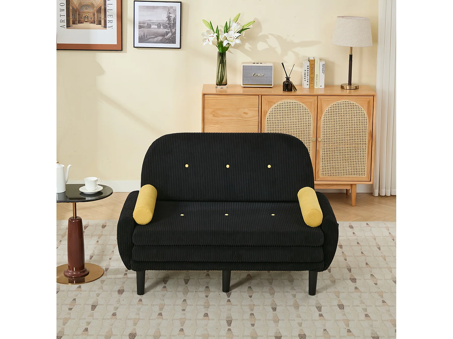 Canapé convertible 2 places en velours côtelé noir avec 2 coussins ronds