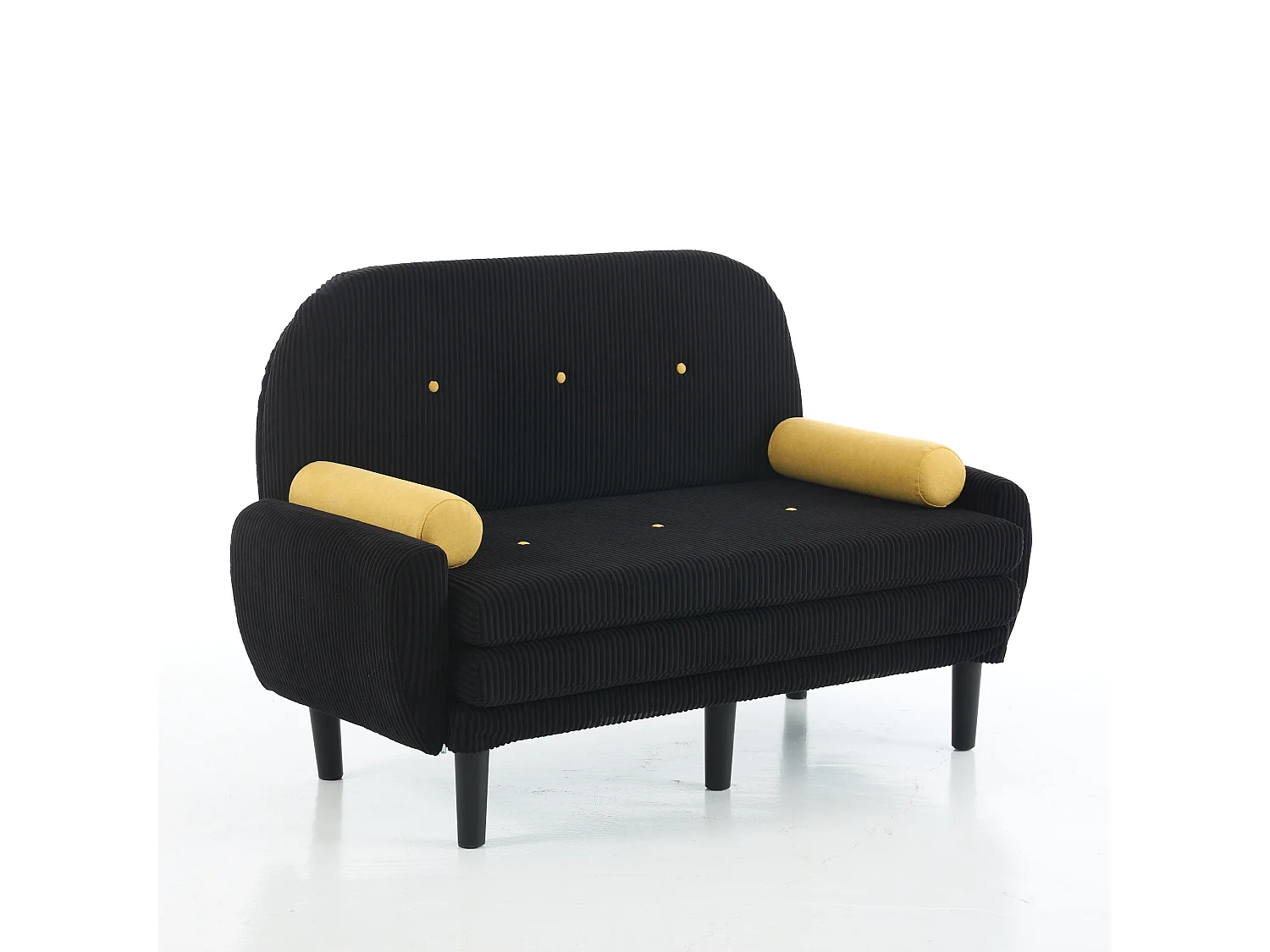 Canapé convertible 2 places en velours côtelé noir avec 2 coussins ronds