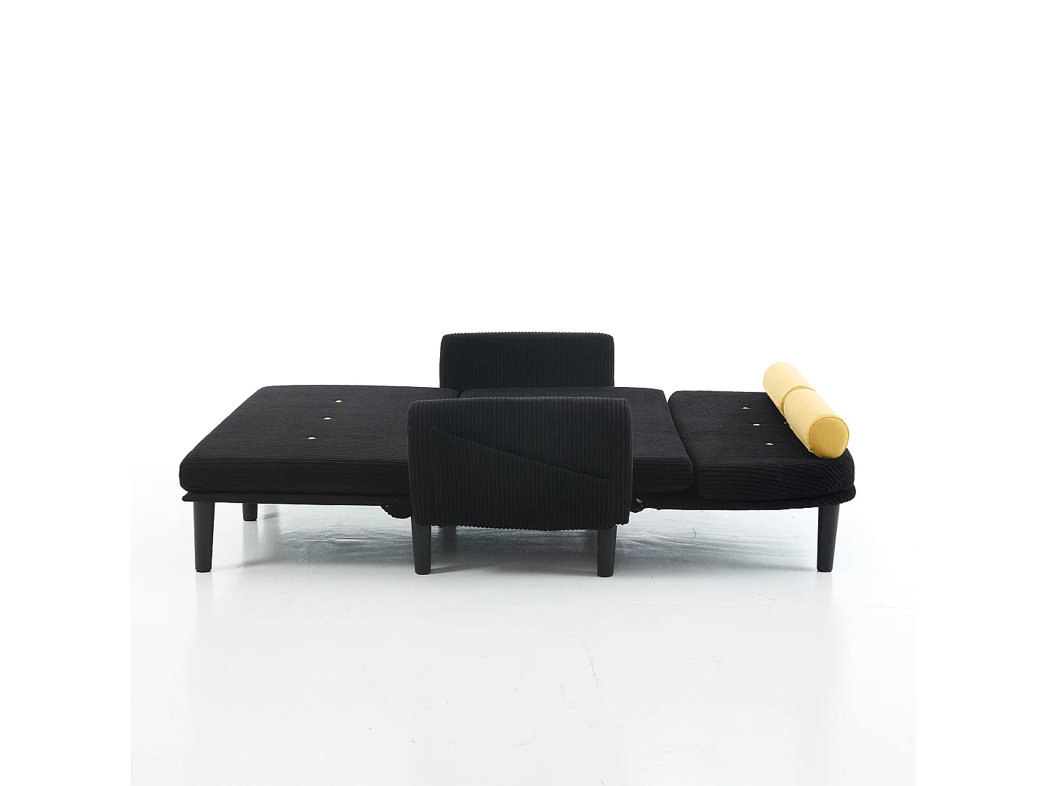 Canapé convertible 2 places en velours côtelé noir avec 2 coussins ronds