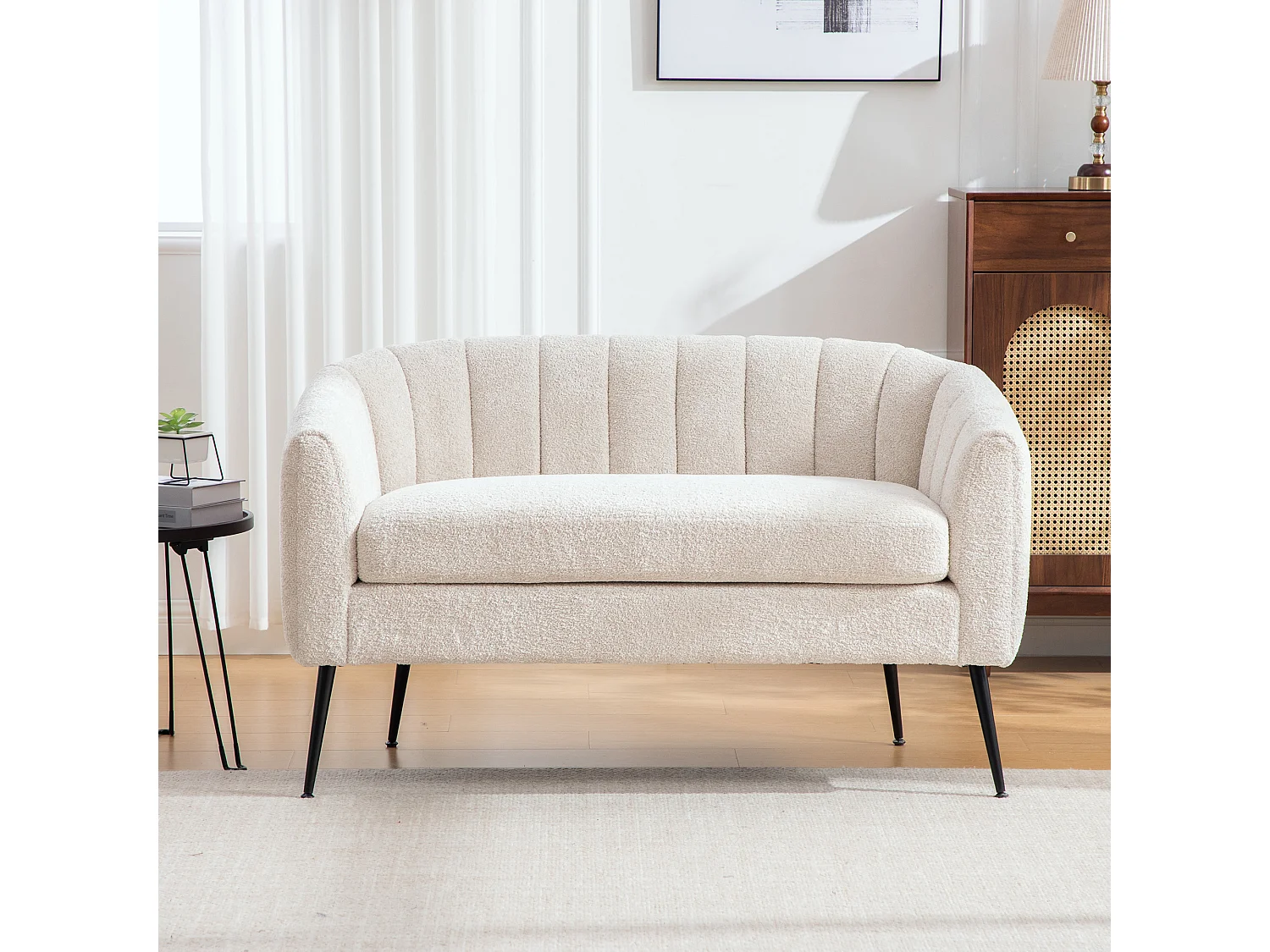 Canapé 2 places petite en tissu chenille beige - Pieds métal