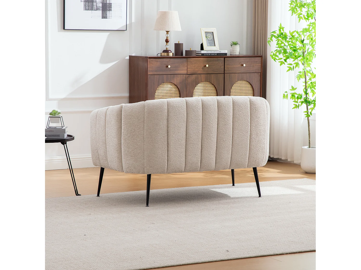 Canapé 2 places petite en tissu chenille beige - Pieds métal